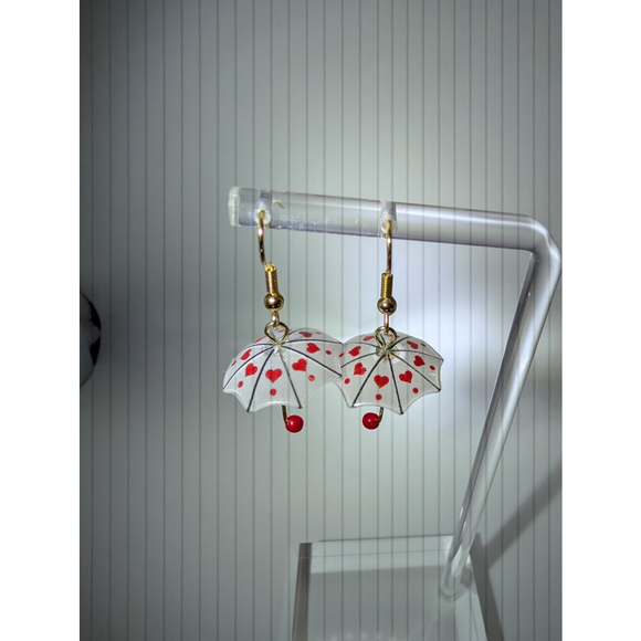 Umbrella Red and White Heart Dangles Gold Tone Stainless Steel Hooks - Picture 4 of 9